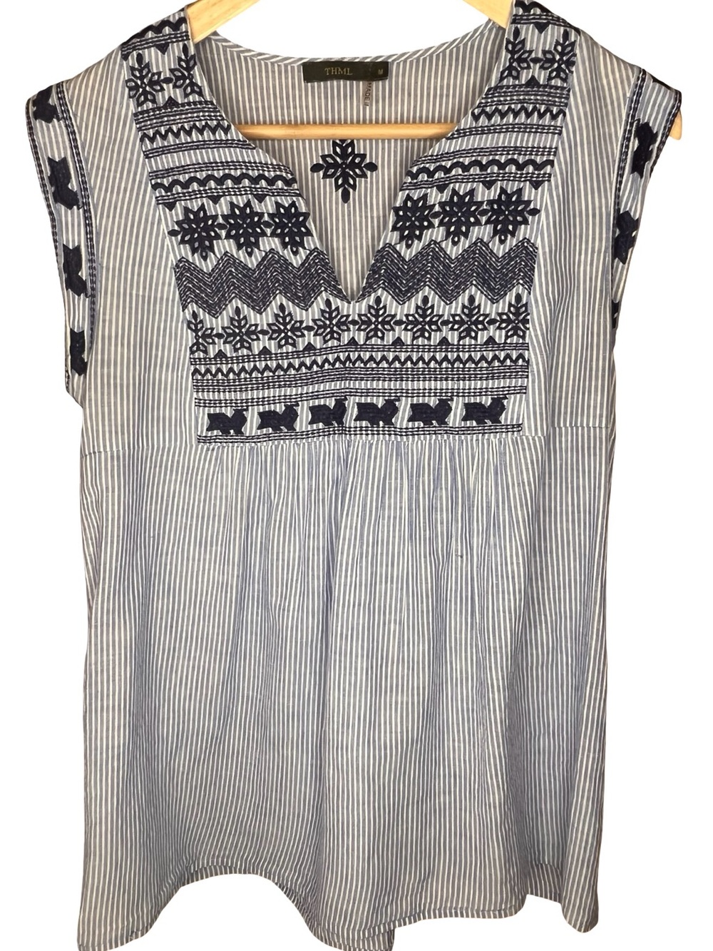 THML Embroidered Striped Boho Tunic Top Sz M Blue White Anthropologie Style - Picture 7 of 10